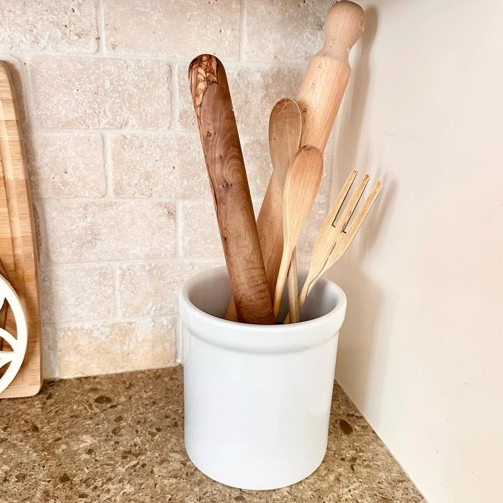 Large & Heavy Minimalist White Glazed Ceramic Kitchen Utensil Crock Holder Vase